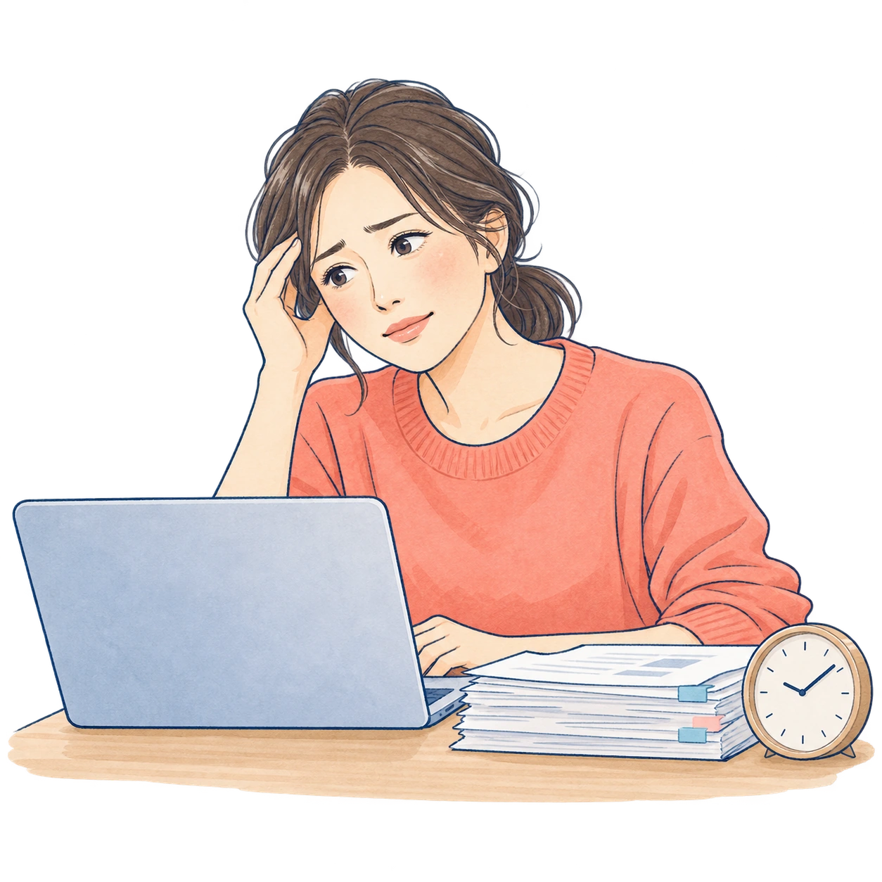 書類とパソコンを前に、仕事を少しラクにしたいと考える女性のイラスト