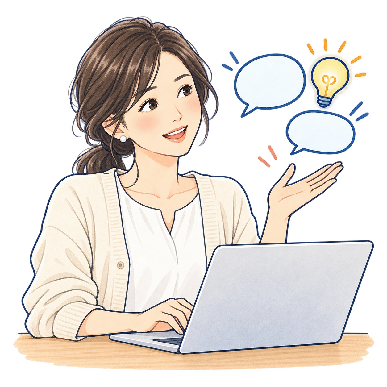 パソコンで対話型AIを学ぶ女性のイラスト
