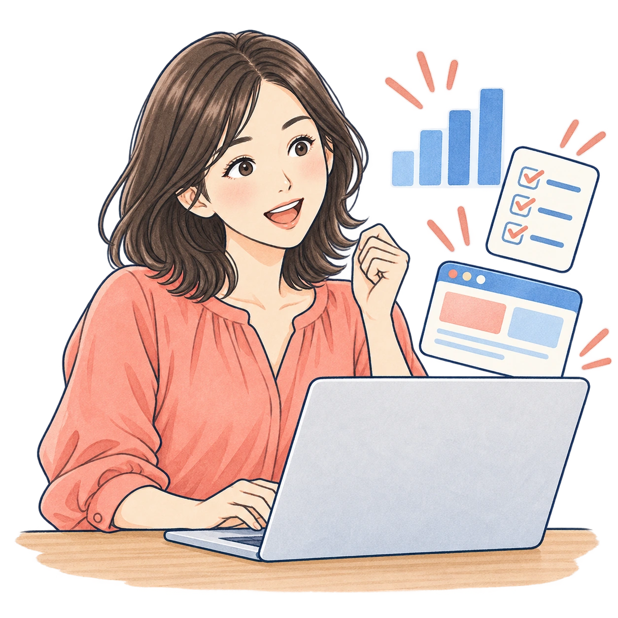 AIでできるさまざまな作業に驚く女性のイラスト